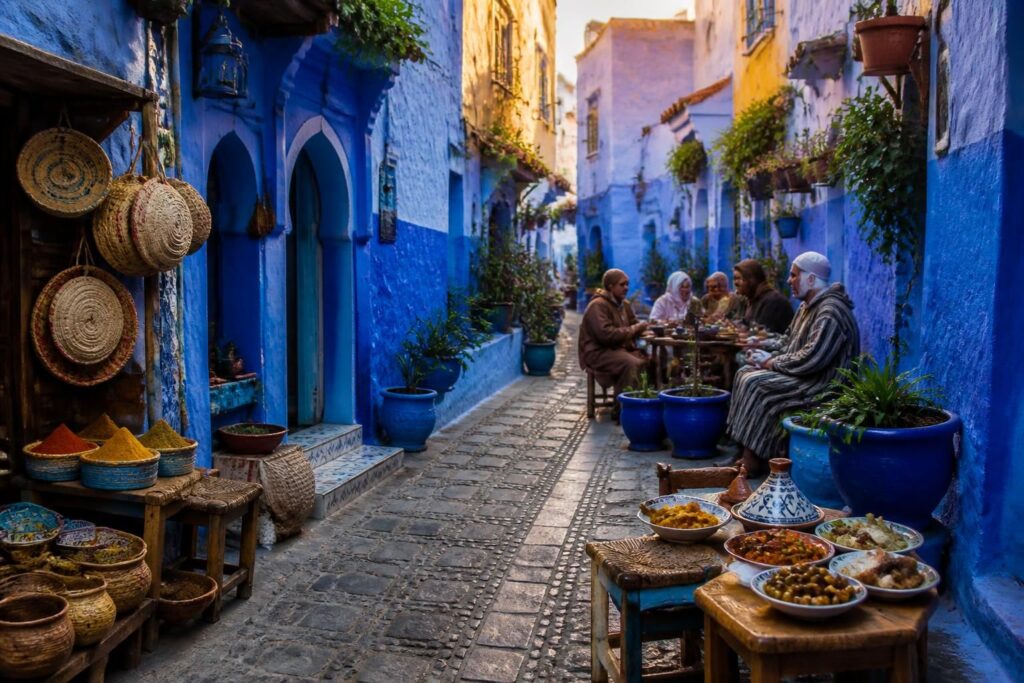 explorez chefchaouen, la perle bleu azur du maroc, entre ses ruelles pittoresques et ses saveurs authentiques. découvrez que voir, que goûter et les incontournables de cette ville unique.