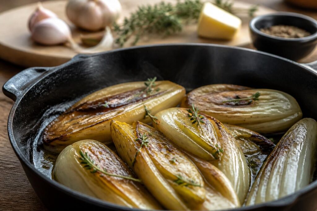 découvrez l'astuce pour réussir des endives braisées à la poêle, un plat fondant et savoureux qui ravira vos papilles à chaque bouchée.