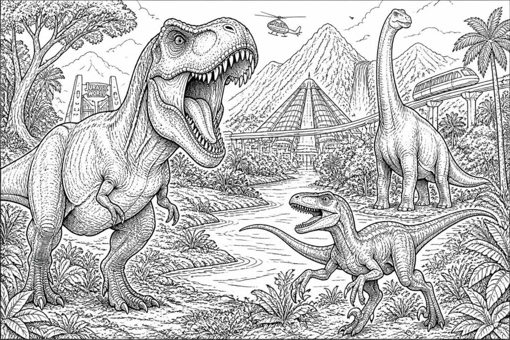 découvrez une sélection de coloriages jurassic world à imprimer gratuitement, avec des dinosaures impressionnants et des scènes captivantes du film pour petits et grands fans.